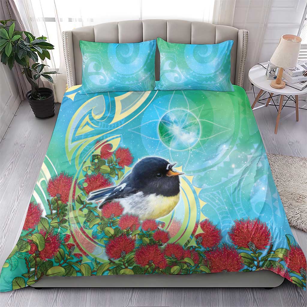 New Zealand Tomtit Bedding Set Maori Koru With Pohutukawa Galaxy Style - Aussie Hoodie