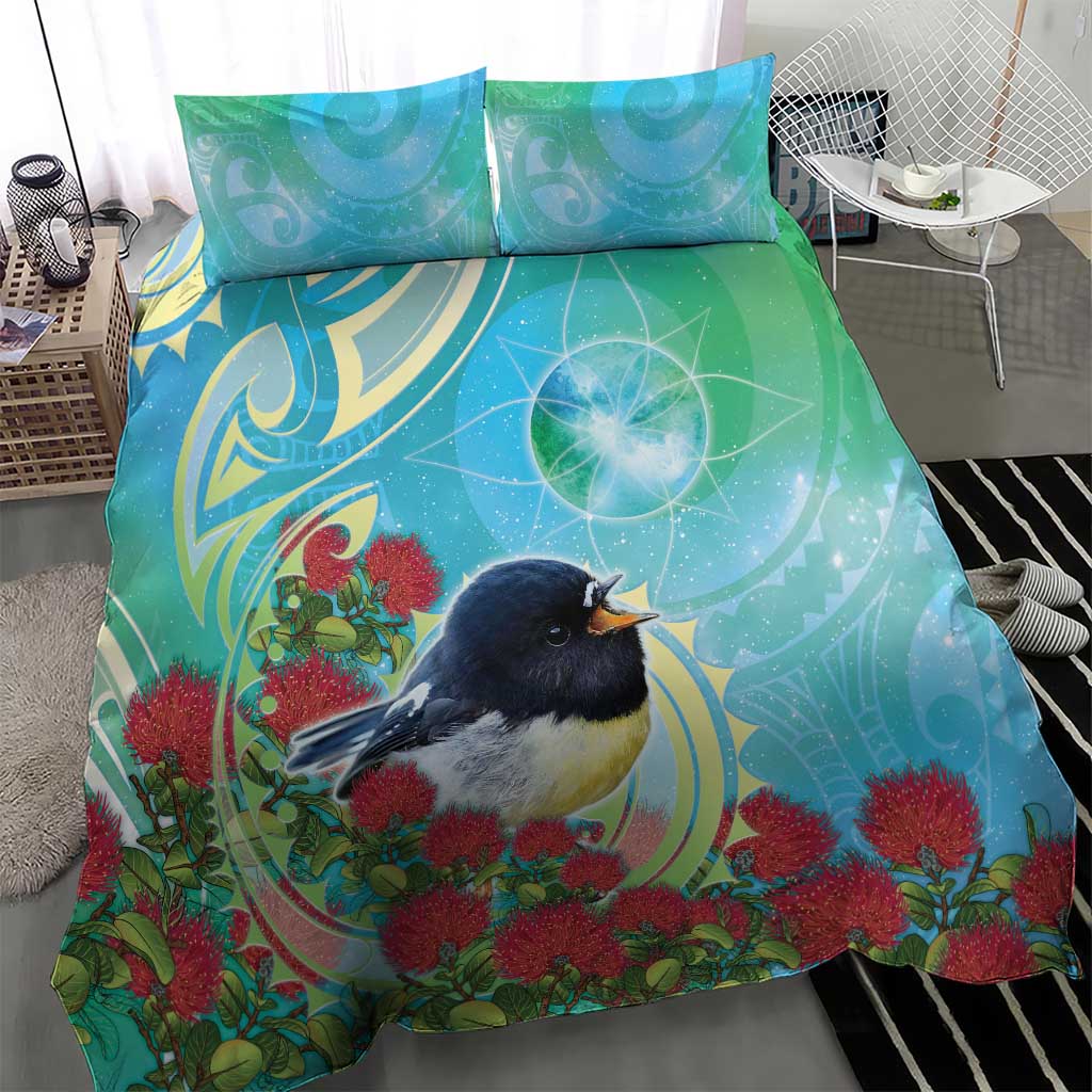 New Zealand Tomtit Bedding Set Maori Koru With Pohutukawa Galaxy Style - Aussie Hoodie