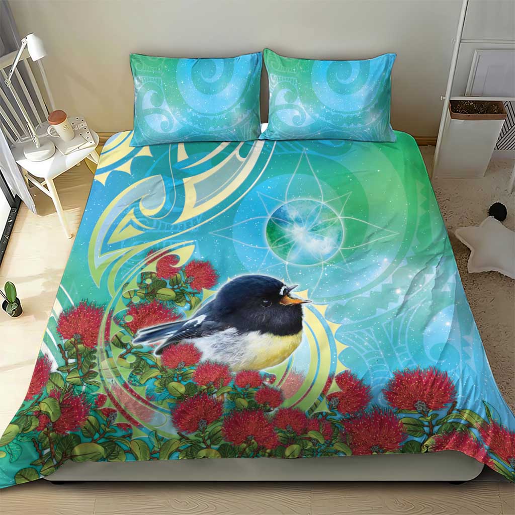 New Zealand Tomtit Bedding Set Maori Koru With Pohutukawa Galaxy Style - Aussie Hoodie