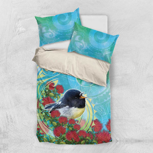 New Zealand Tomtit Bedding Set Maori Koru With Pohutukawa Galaxy Style - Aussie Hoodie