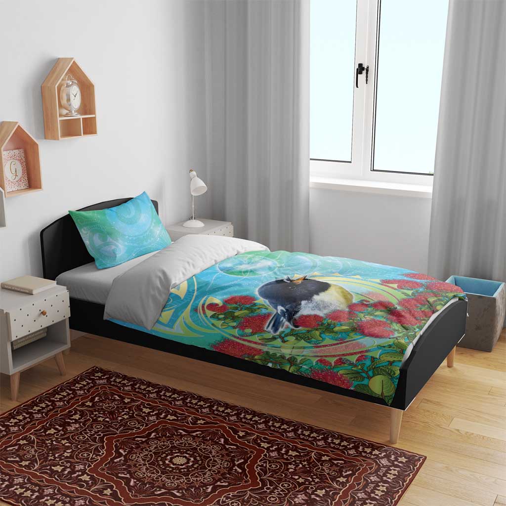 New Zealand Tomtit Bedding Set Maori Koru With Pohutukawa Galaxy Style - Aussie Hoodie