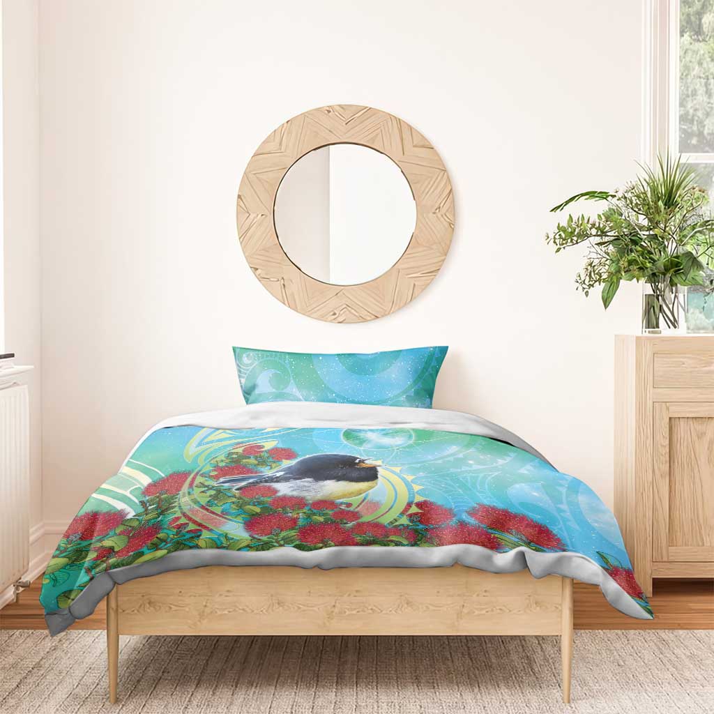 New Zealand Tomtit Bedding Set Maori Koru With Pohutukawa Galaxy Style - Aussie Hoodie