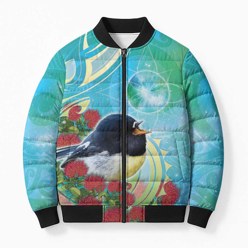 New Zealand Tomtit Bomber Puffer Jacket Maori Koru With Pohutukawa Galaxy Style - Aussie Hoodie