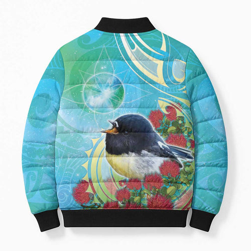 New Zealand Tomtit Bomber Puffer Jacket Maori Koru With Pohutukawa Galaxy Style - Aussie Hoodie