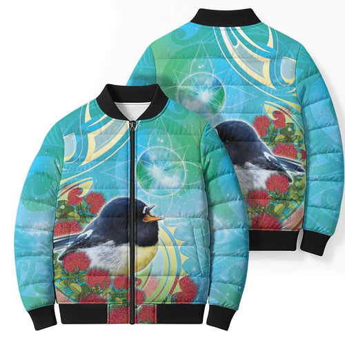 New Zealand Tomtit Bomber Puffer Jacket Maori Koru With Pohutukawa Galaxy Style - Aussie Hoodie