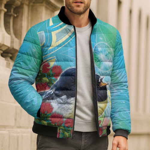 New Zealand Tomtit Bomber Puffer Jacket Maori Koru With Pohutukawa Galaxy Style - Aussie Hoodie