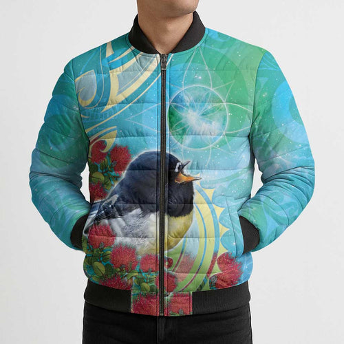 New Zealand Tomtit Bomber Puffer Jacket Maori Koru With Pohutukawa Galaxy Style - Aussie Hoodie
