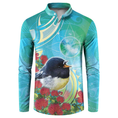 New Zealand Tomtit Button Sweatshirt Maori Koru With Pohutukawa Galaxy Style - Aussie Hoodie