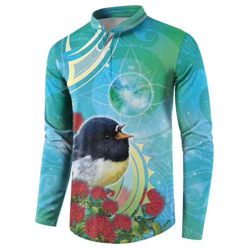 New Zealand Tomtit Button Sweatshirt Maori Koru With Pohutukawa Galaxy Style - Aussie Hoodie