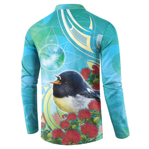 New Zealand Tomtit Button Sweatshirt Maori Koru With Pohutukawa Galaxy Style - Aussie Hoodie