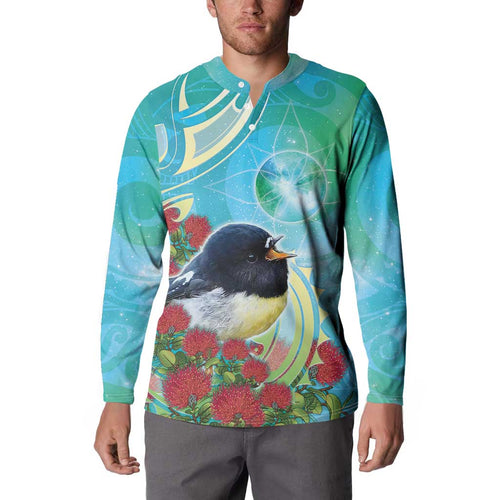 New Zealand Tomtit Button Sweatshirt Maori Koru With Pohutukawa Galaxy Style - Aussie Hoodie