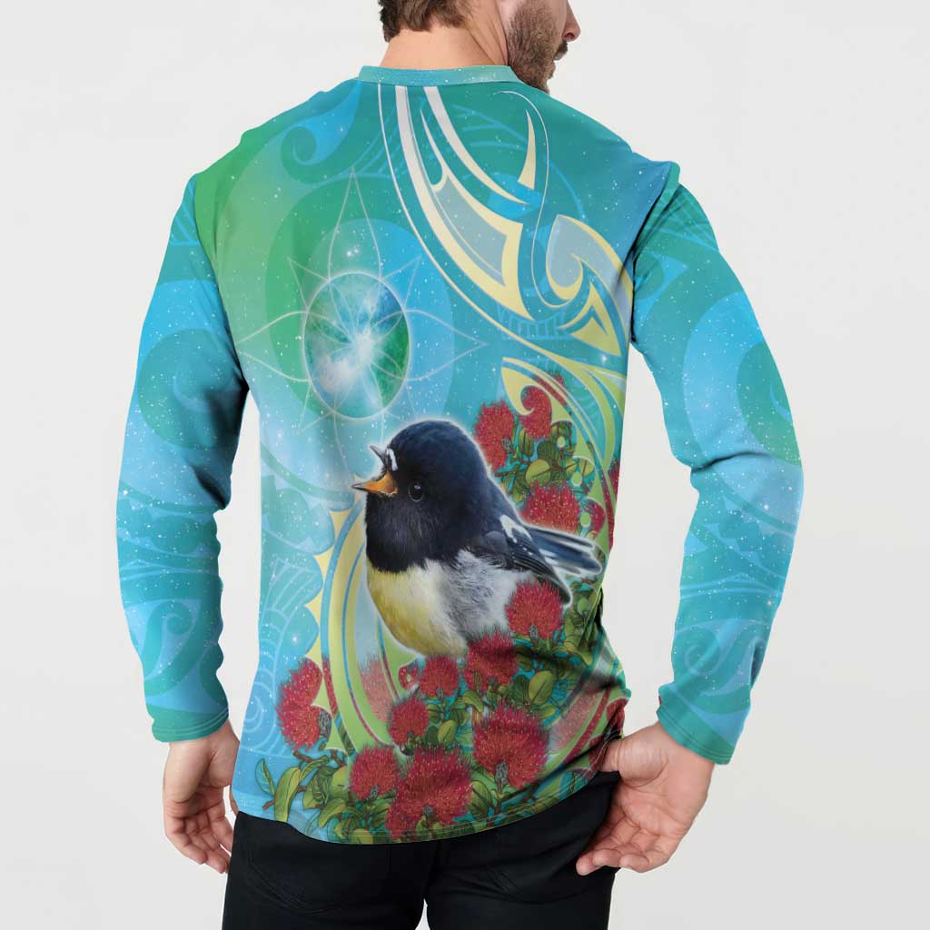 New Zealand Tomtit Button Sweatshirt Maori Koru With Pohutukawa Galaxy Style - Aussie Hoodie
