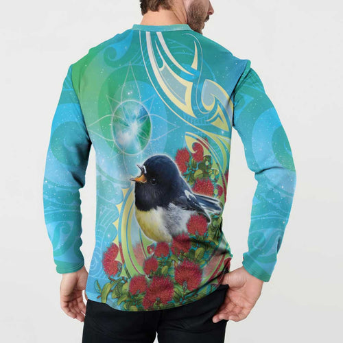 New Zealand Tomtit Button Sweatshirt Maori Koru With Pohutukawa Galaxy Style - Aussie Hoodie
