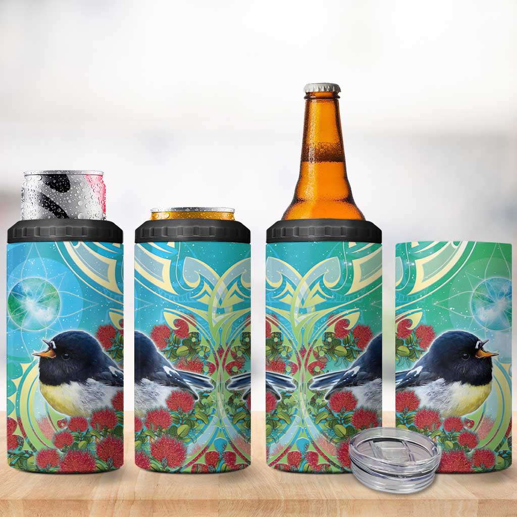 New Zealand Tomtit 4 in 1 Can Cooler Tumbler Maori Koru With Pohutukawa Galaxy Style - Aussie Hoodie