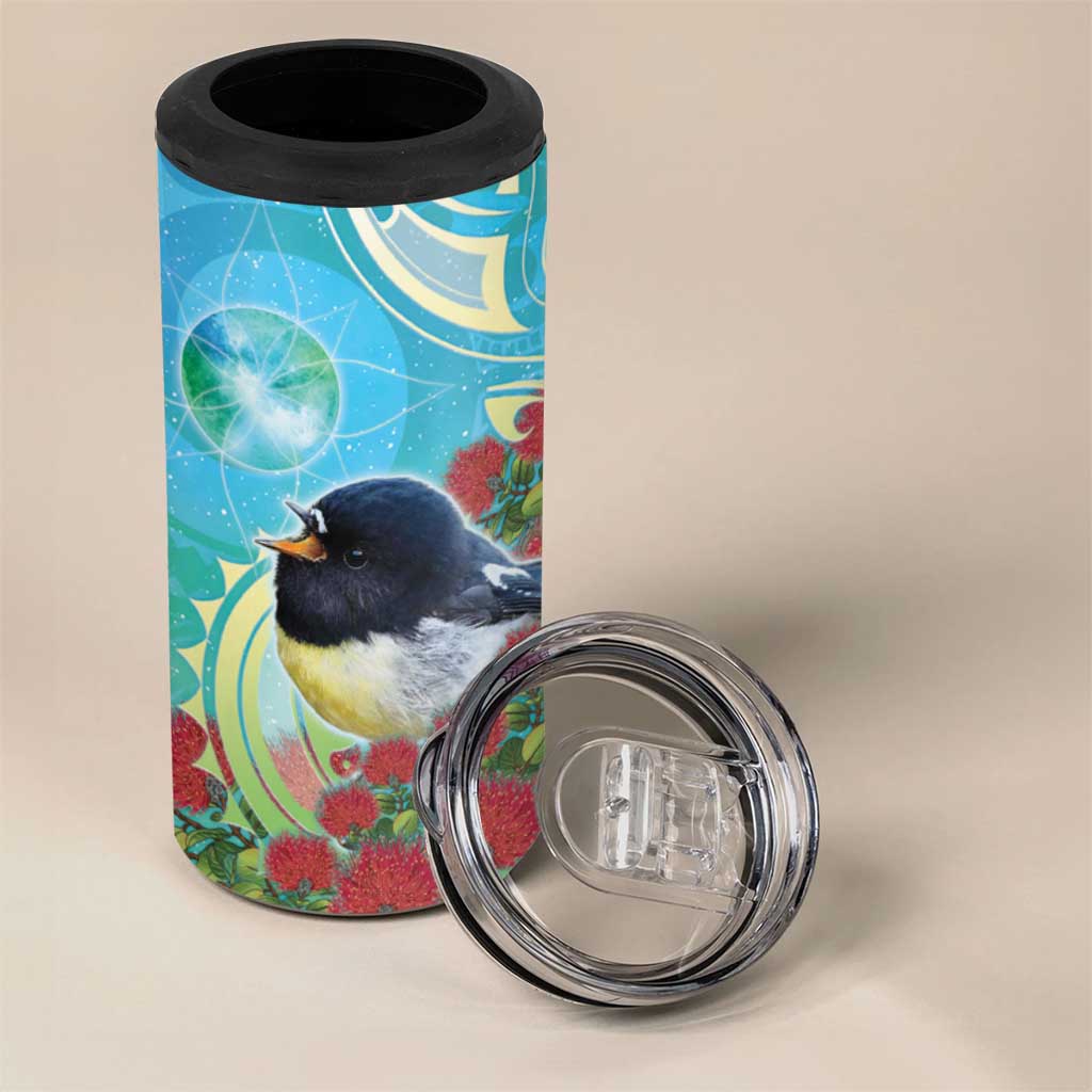New Zealand Tomtit 4 in 1 Can Cooler Tumbler Maori Koru With Pohutukawa Galaxy Style - Aussie Hoodie