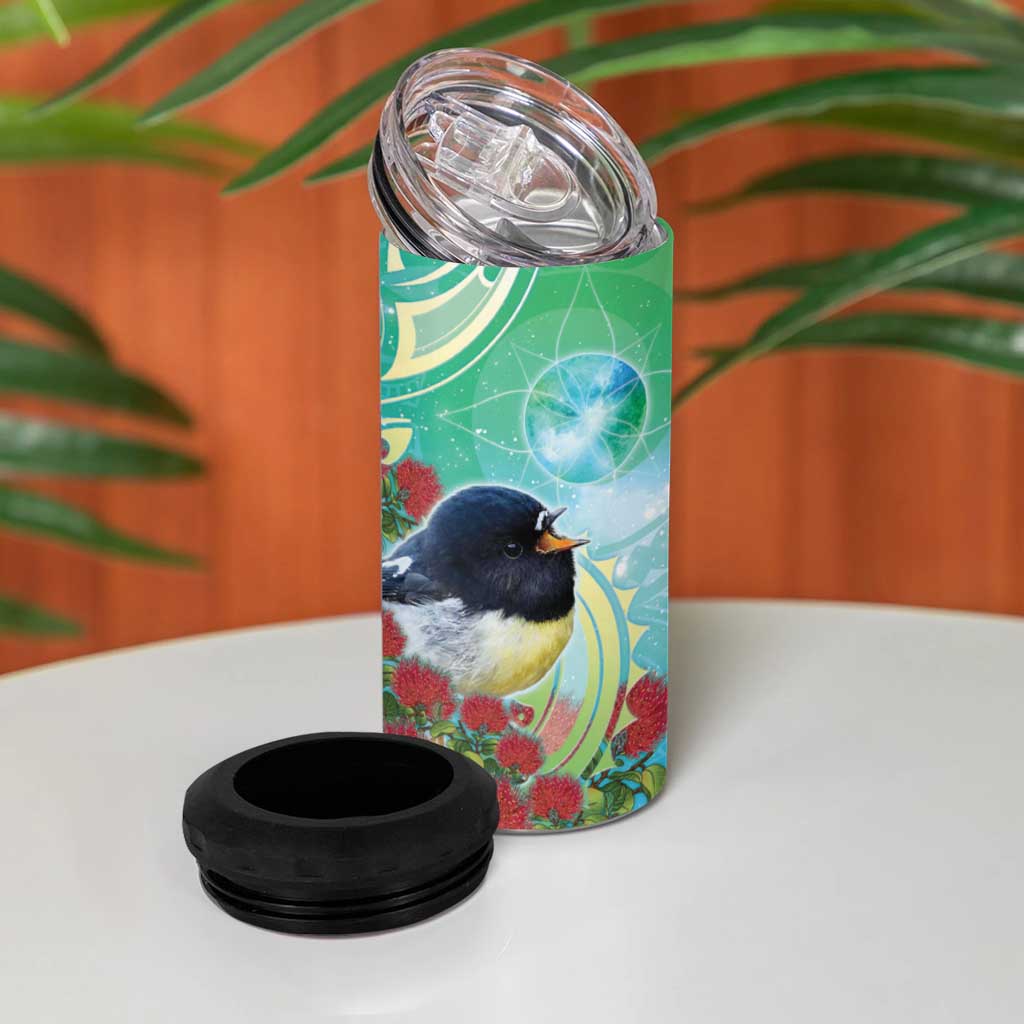 New Zealand Tomtit 4 in 1 Can Cooler Tumbler Maori Koru With Pohutukawa Galaxy Style - Aussie Hoodie
