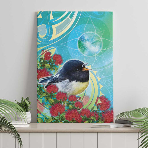 New Zealand Tomtit Canvas Wall Art Maori Koru With Pohutukawa Galaxy Style - Aussie Hoodie
