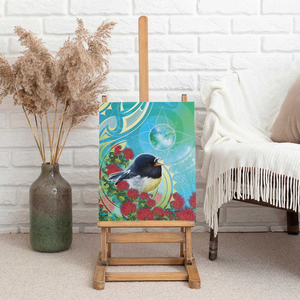 New Zealand Tomtit Canvas Wall Art Maori Koru With Pohutukawa Galaxy Style - Aussie Hoodie