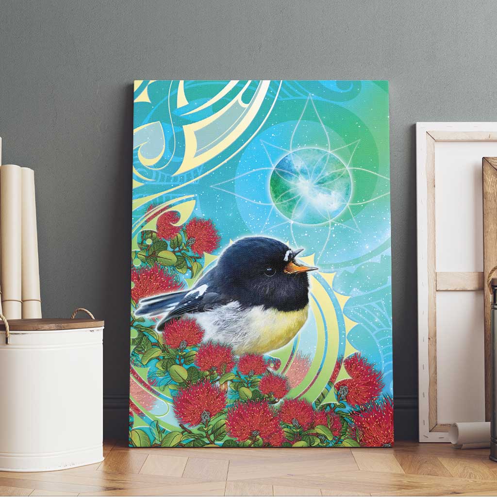 New Zealand Tomtit Canvas Wall Art Maori Koru With Pohutukawa Galaxy Style - Aussie Hoodie