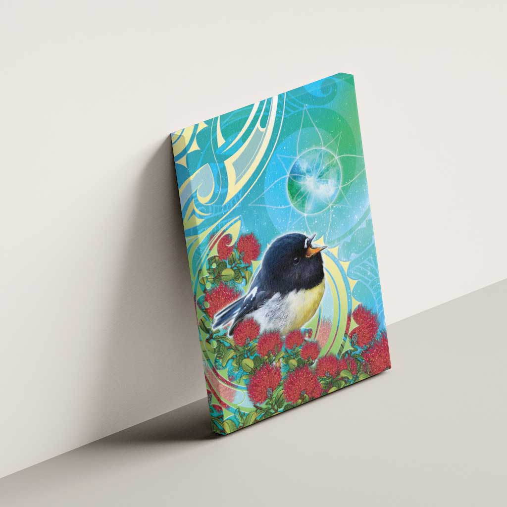 New Zealand Tomtit Canvas Wall Art Maori Koru With Pohutukawa Galaxy Style - Aussie Hoodie