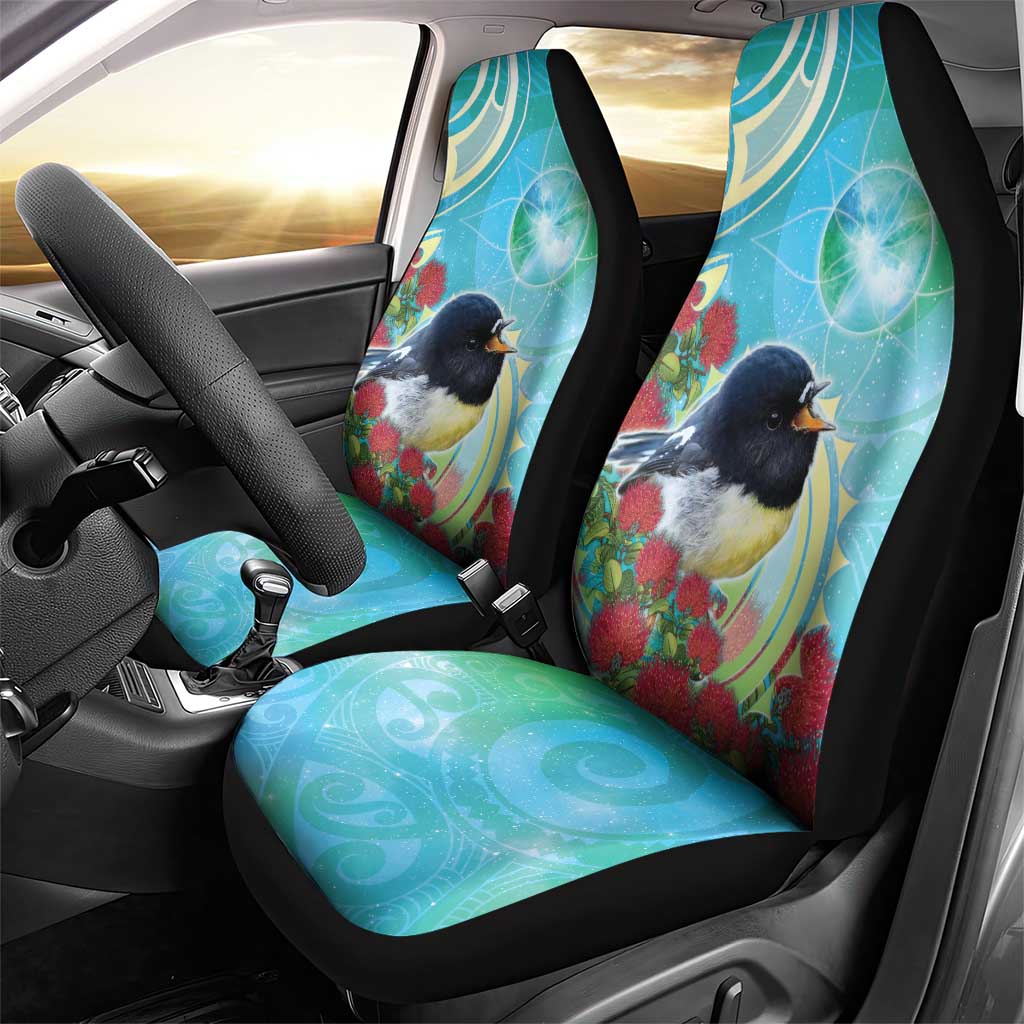 New Zealand Tomtit Car Seat Cover Maori Koru With Pohutukawa Galaxy Style - Aussie Hoodie