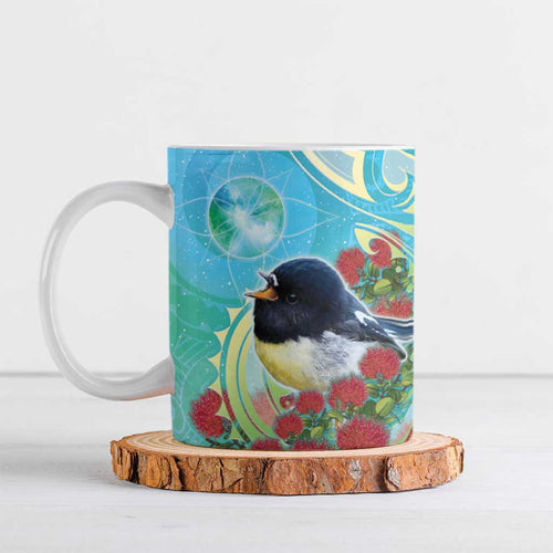 New Zealand Tomtit Ceramic Mug Maori Koru With Pohutukawa Galaxy Style - Aussie Hoodie