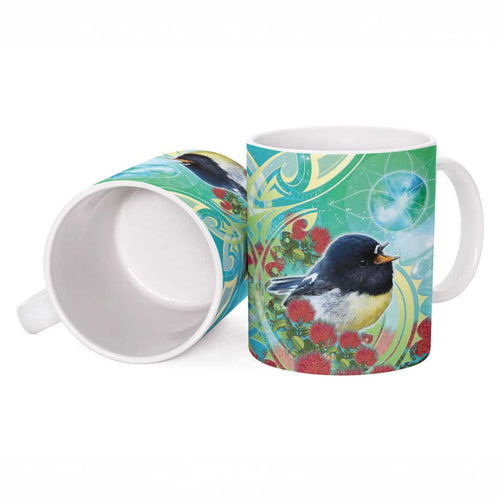 New Zealand Tomtit Ceramic Mug Maori Koru With Pohutukawa Galaxy Style - Aussie Hoodie