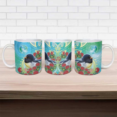 New Zealand Tomtit Ceramic Mug Maori Koru With Pohutukawa Galaxy Style - Aussie Hoodie
