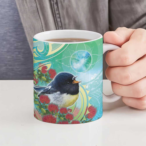 New Zealand Tomtit Ceramic Mug Maori Koru With Pohutukawa Galaxy Style - Aussie Hoodie