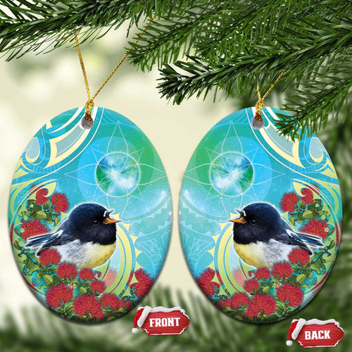 New Zealand Tomtit Ceramic Ornament Maori Koru With Pohutukawa Galaxy Style - Aussie Hoodie