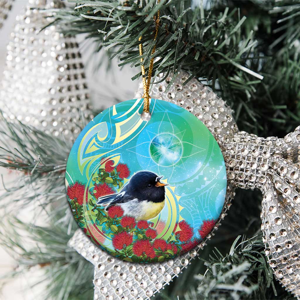 New Zealand Tomtit Ceramic Ornament Maori Koru With Pohutukawa Galaxy Style - Aussie Hoodie