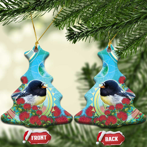 New Zealand Tomtit Ceramic Ornament Maori Koru With Pohutukawa Galaxy Style - Aussie Hoodie