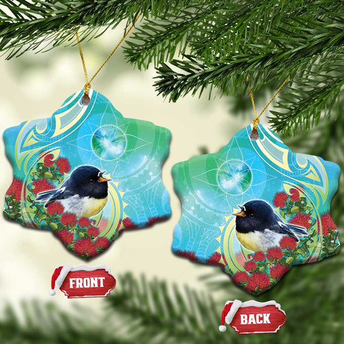 New Zealand Tomtit Ceramic Ornament Maori Koru With Pohutukawa Galaxy Style - Aussie Hoodie