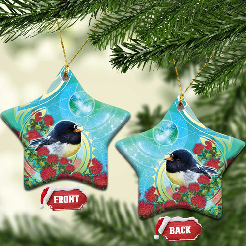New Zealand Tomtit Ceramic Ornament Maori Koru With Pohutukawa Galaxy Style - Aussie Hoodie