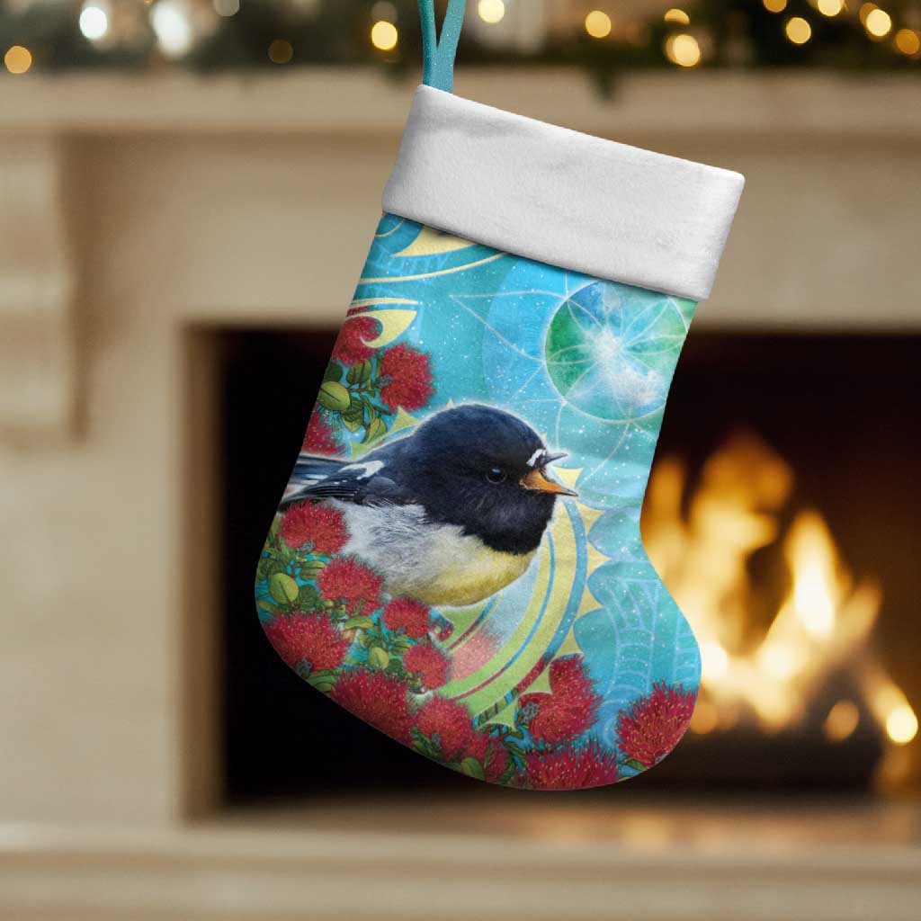 New Zealand Tomtit Christmas Stocking Maori Koru With Pohutukawa Galaxy Style - Aussie Hoodie