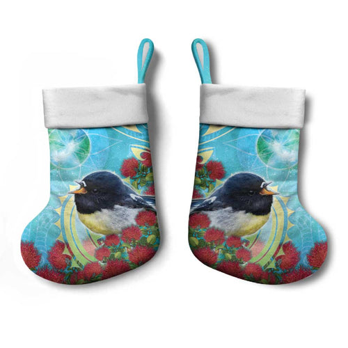 New Zealand Tomtit Christmas Stocking Maori Koru With Pohutukawa Galaxy Style - Aussie Hoodie