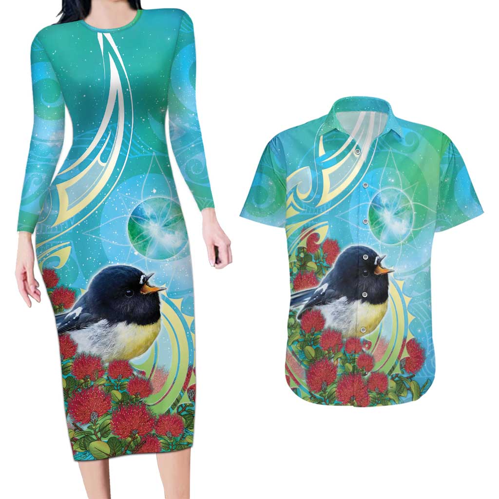 New Zealand Tomtit Couples Matching Long Sleeve Bodycon Dress and Hawaiian Shirt Maori Koru With Pohutukawa Galaxy Style - Aussie Hoodie