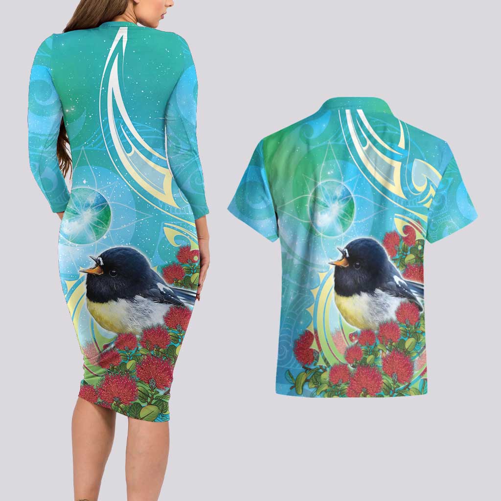 New Zealand Tomtit Couples Matching Long Sleeve Bodycon Dress and Hawaiian Shirt Maori Koru With Pohutukawa Galaxy Style - Aussie Hoodie