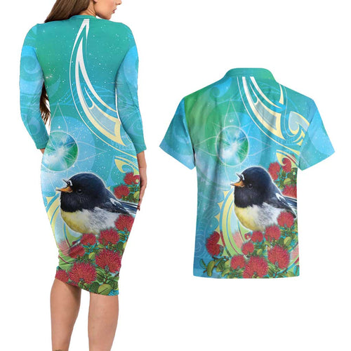 New Zealand Tomtit Couples Matching Long Sleeve Bodycon Dress and Hawaiian Shirt Maori Koru With Pohutukawa Galaxy Style - Aussie Hoodie