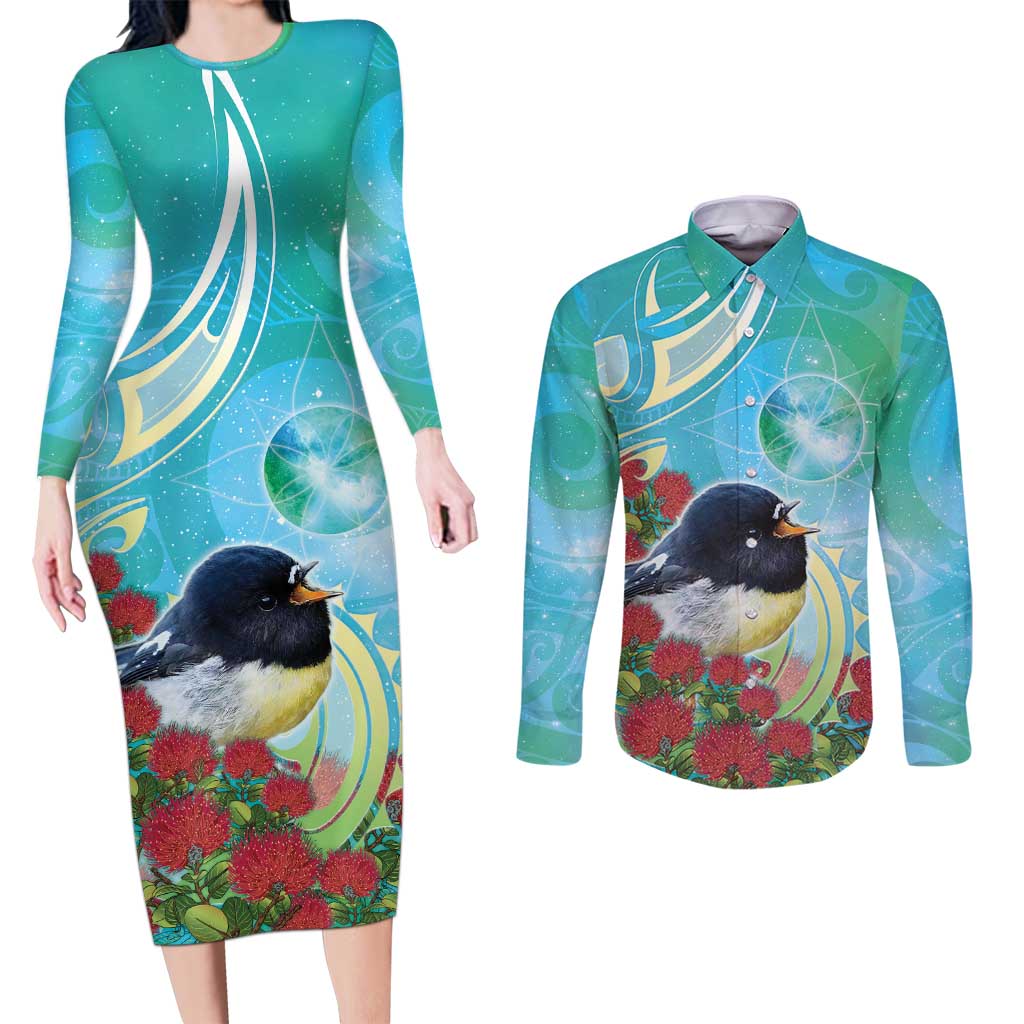 New Zealand Tomtit Couples Matching Long Sleeve Bodycon Dress and Long Sleeve Button Shirt Maori Koru With Pohutukawa Galaxy Style - Aussie Hoodie