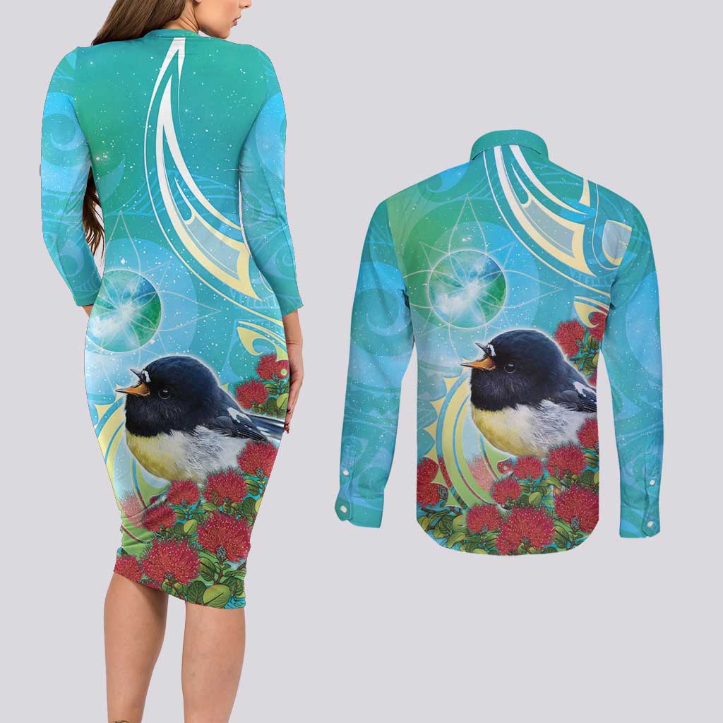 New Zealand Tomtit Couples Matching Long Sleeve Bodycon Dress and Long Sleeve Button Shirt Maori Koru With Pohutukawa Galaxy Style - Aussie Hoodie