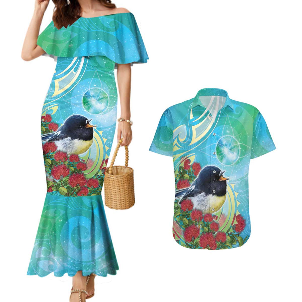 New Zealand Tomtit Couples Matching Mermaid Dress and Hawaiian Shirt Maori Koru With Pohutukawa Galaxy Style - Aussie Hoodie