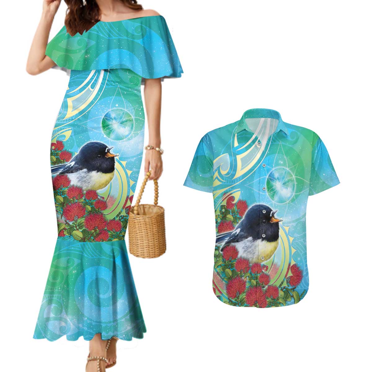 New Zealand Tomtit Couples Matching Mermaid Dress and Hawaiian Shirt Maori Koru With Pohutukawa Galaxy Style - Aussie Hoodie