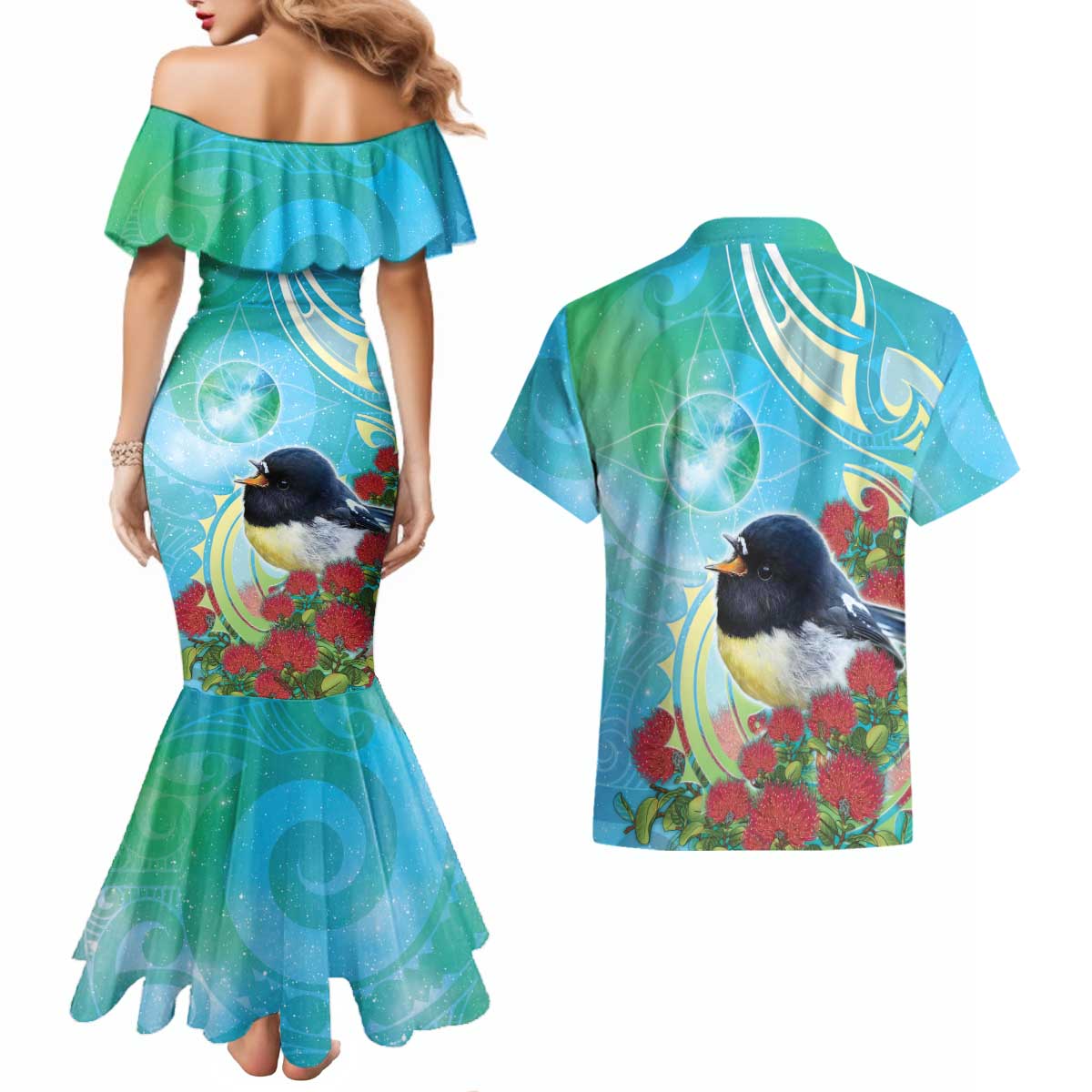 New Zealand Tomtit Couples Matching Mermaid Dress and Hawaiian Shirt Maori Koru With Pohutukawa Galaxy Style - Aussie Hoodie