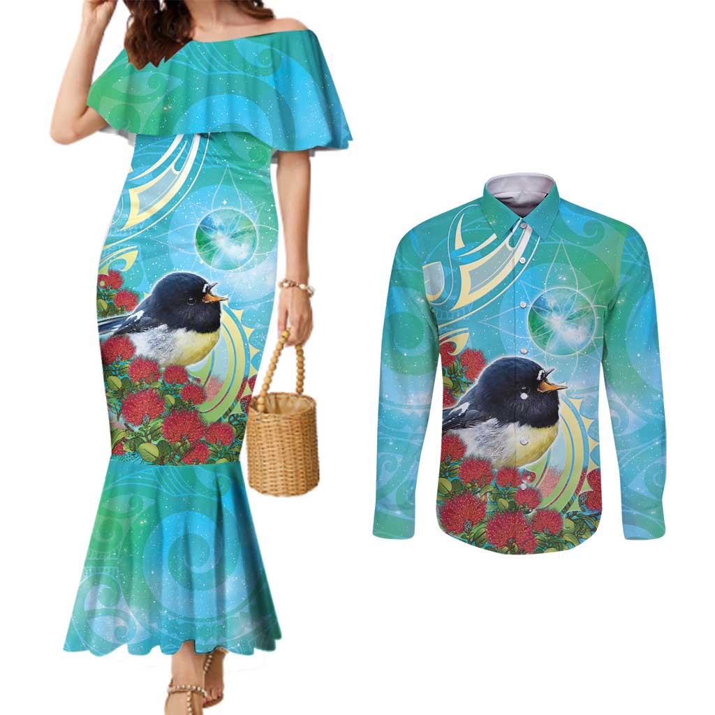 New Zealand Tomtit Couples Matching Mermaid Dress and Long Sleeve Button Shirt Maori Koru With Pohutukawa Galaxy Style - Aussie Hoodie