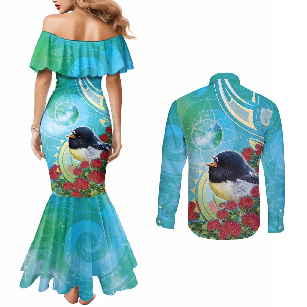 New Zealand Tomtit Couples Matching Mermaid Dress and Long Sleeve Button Shirt Maori Koru With Pohutukawa Galaxy Style - Aussie Hoodie
