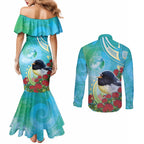 New Zealand Tomtit Couples Matching Mermaid Dress and Long Sleeve Button Shirt Maori Koru With Pohutukawa Galaxy Style - Aussie Hoodie