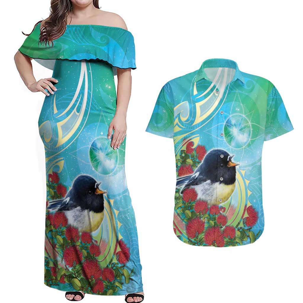 New Zealand Tomtit Couples Matching Off Shoulder Maxi Dress and Hawaiian Shirt Maori Koru With Pohutukawa Galaxy Style - Aussie Hoodie