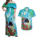 New Zealand Tomtit Couples Matching Off Shoulder Maxi Dress and Hawaiian Shirt Maori Koru With Pohutukawa Galaxy Style - Aussie Hoodie