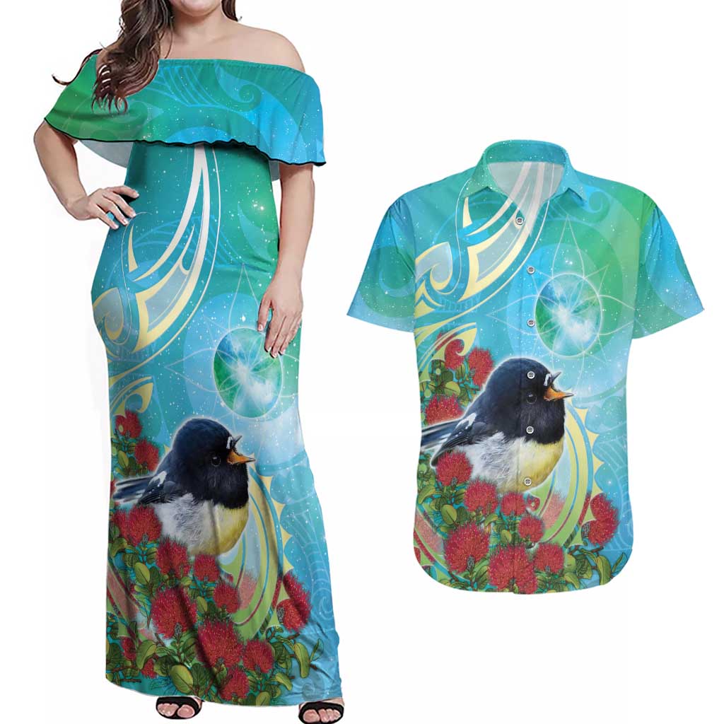 New Zealand Tomtit Couples Matching Off Shoulder Maxi Dress and Hawaiian Shirt Maori Koru With Pohutukawa Galaxy Style - Aussie Hoodie